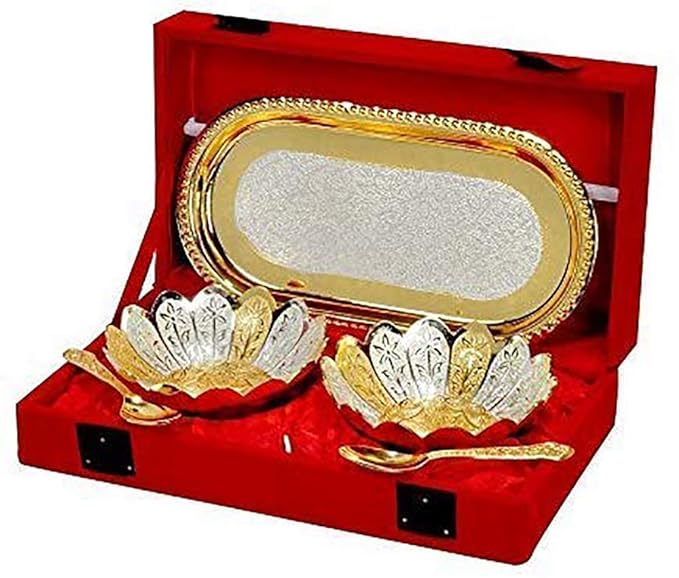 Designox R Ayurveda Copper Metal Floral Bowl Set 5 Pieces Set In (Red Velvet Imitation Jewelry Box With Gift Ribbon) Pack Of 1 Box, 250 Milliliter - 250 Ml Mytrendzcart