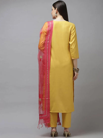 Yufta Women Mustard Yellow Layered Thread Work Kurta with Trouser and Dupatta Mytrendzcart