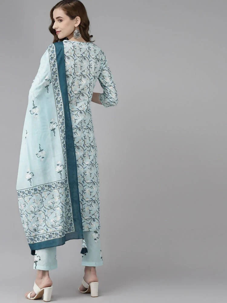 Yufta Women Blue & White Floral Printed Pure Cotton Kurta with Trouser & Dupatta -S Mytrendzcart