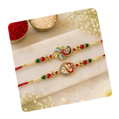 CraftVatika Kundan Rakhi Set for Brother Set of 2, Designer Peacock Rakhi for Brother Boy Men, Premium Kalash Raki for Bhaiya, Traditional Rakshabandhan Rakhis with Best Wishes Card and Tillak Set