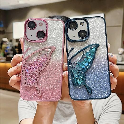 Mobistyle Designed For Iphone 14 Cover With Luxury Glitter Cute Butterfly Plating Design Aesthetic Women Teen Girls Back Cover Cases For Iphone 14 (Butterfly |Pink) - Silicone - Mytrendzcart