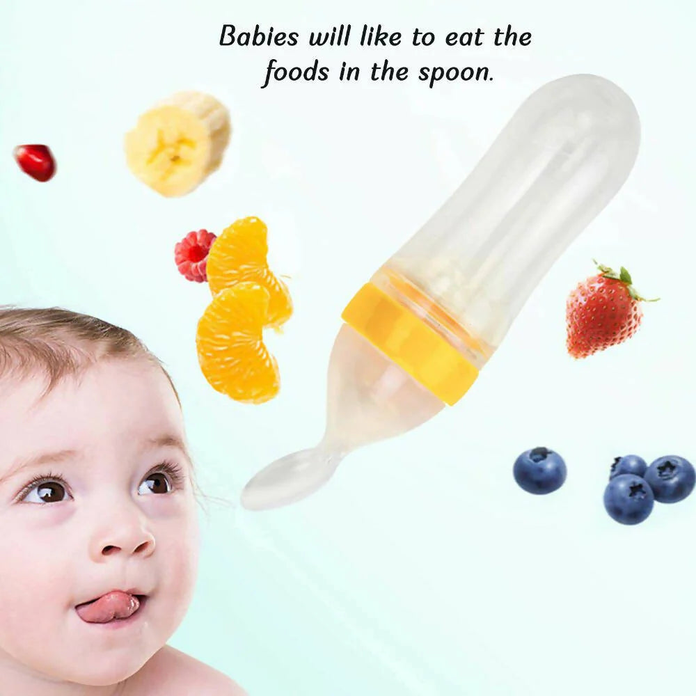 Safe-O-Kid Easy Set of 2 Squeezy Silicone Food Feeder Spoon (Soft Tip) Bottle- Yellow- 90mL Mytrendzcart