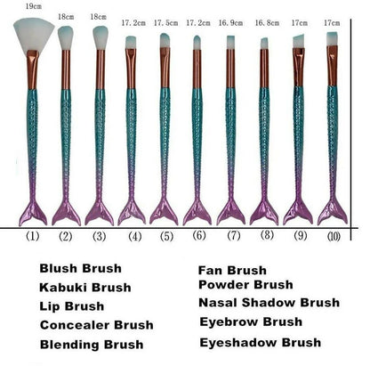 Favon Pack of 10 Professional Mermaid Shaped Makeup Brushes -Combo Mytrendzcart