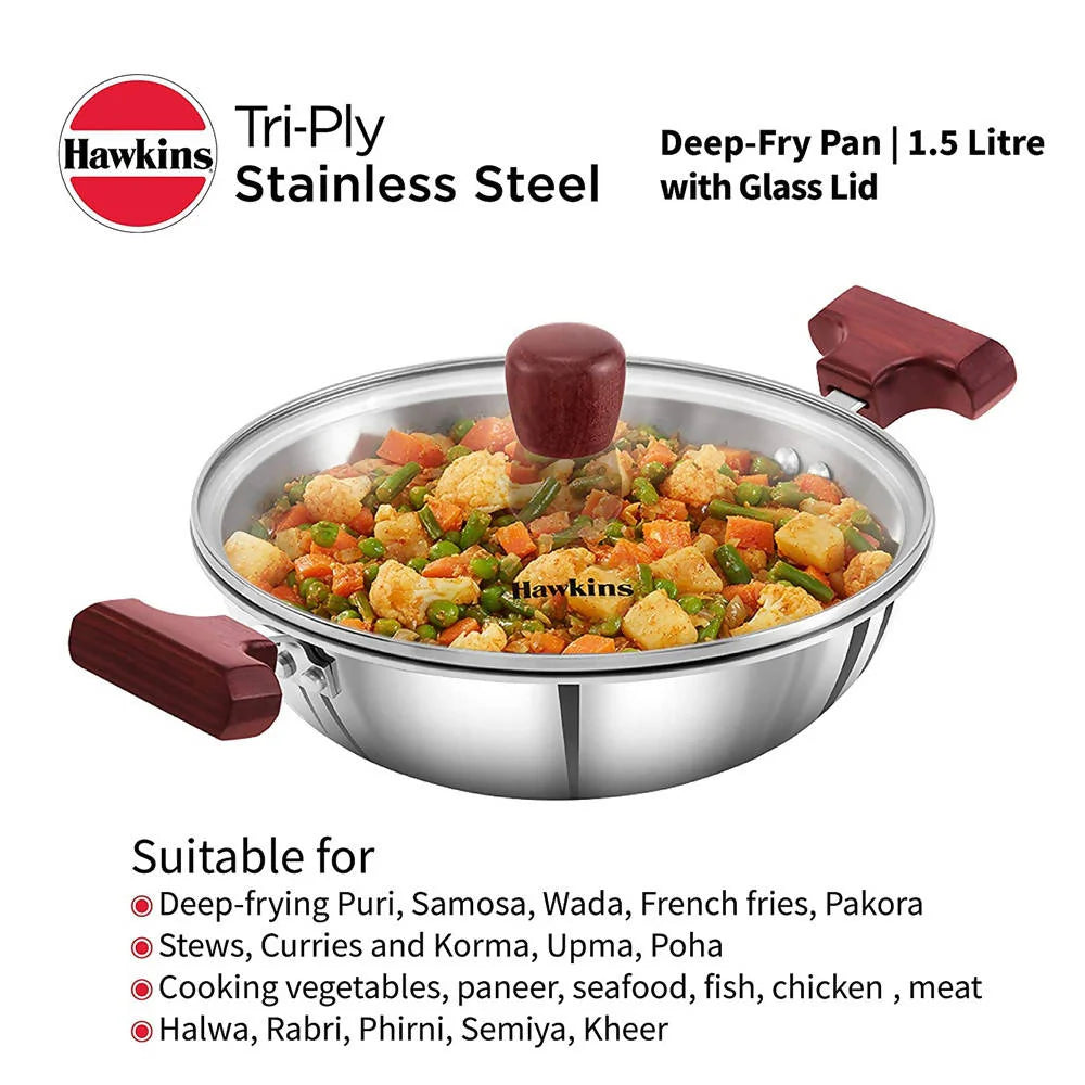 Hawkins Tri-Ply Stainless Steel Deep-Fry Pan with Glass Lid Silver (SSD15G) -1.5 L Mytrendzcart