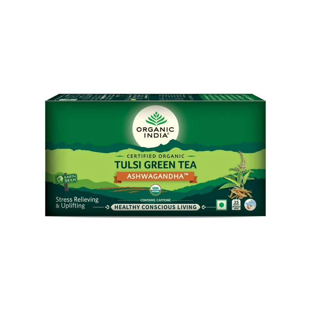 Organic India Tulsi Green Tea Ashwagandha - Herbal Sleep Tea, Caffine Free -Pack of 1 Mytrendzcart