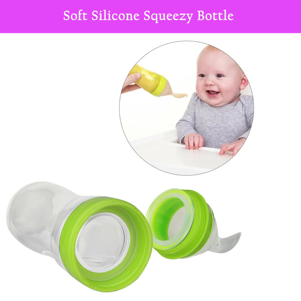 Safe-O-Kid Easy Set of 2 Squeezy Silicone Food Feeder Spoon (Soft Tip) Bottle- Green- 90mL Mytrendzcart