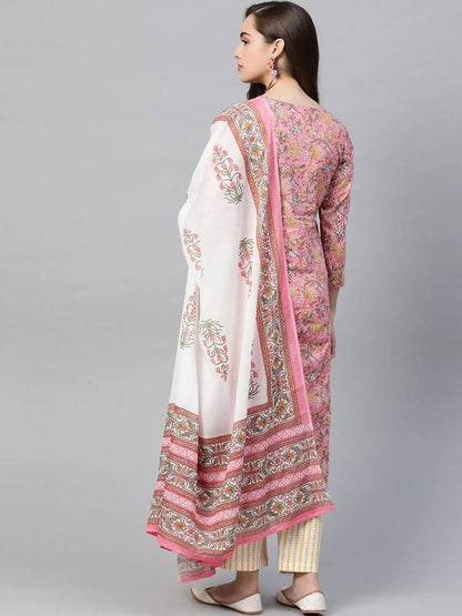 Yufta Women Pink & Yellow Handblock Printed Pure Cotton Kurta with Trouser & Dupatta Mytrendzcart