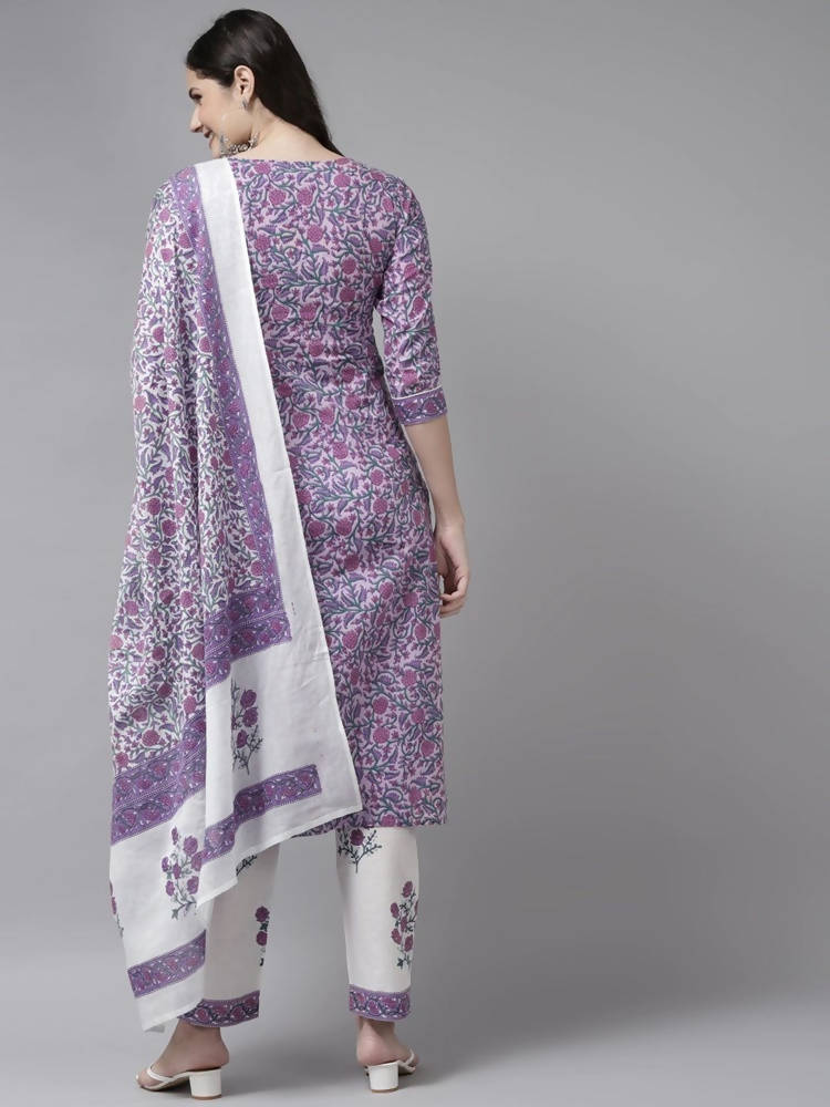 Yufta Women Lavender & White Ethnic Motifs Printed Kurta with Trouser & Dupatta Mytrendzcart