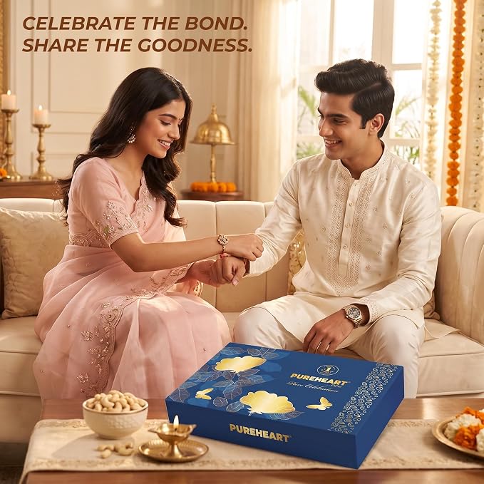PUREHEART Rakhi Gift Hamper- Vanilla Cashew & Choco Almonds (80g) with Chocolate and Floral Rakhi for Brother, Gift Card, Pooja Rice, Kumkum - Dry Fruits and Nuts Gift