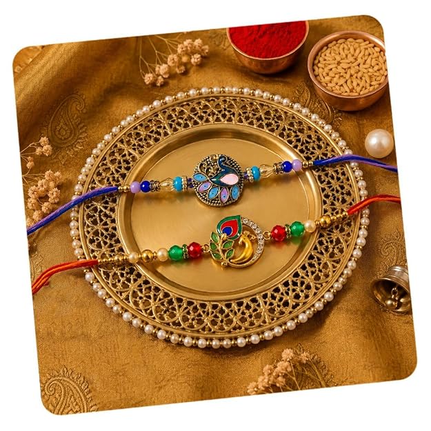 CraftVatika Kundan Rakhi Set for Brother Set of 2, Designer Peacock Rakhi for Brother Boy Men, Premium Kalash Raki for Bhaiya, Traditional Rakshabandhan Rakhis with Best Wishes Card and Tillak Set