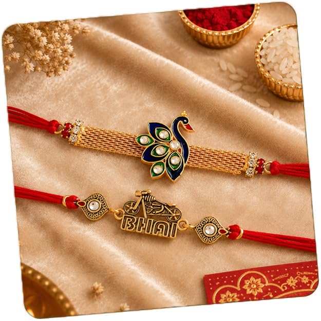 CraftVatika Kundan Rakhi Set for Brother Set of 2, Designer Peacock Rakhi for Brother Boy Men, Premium Kalash Raki for Bhaiya, Traditional Rakshabandhan Rakhis with Best Wishes Card and Tillak Set