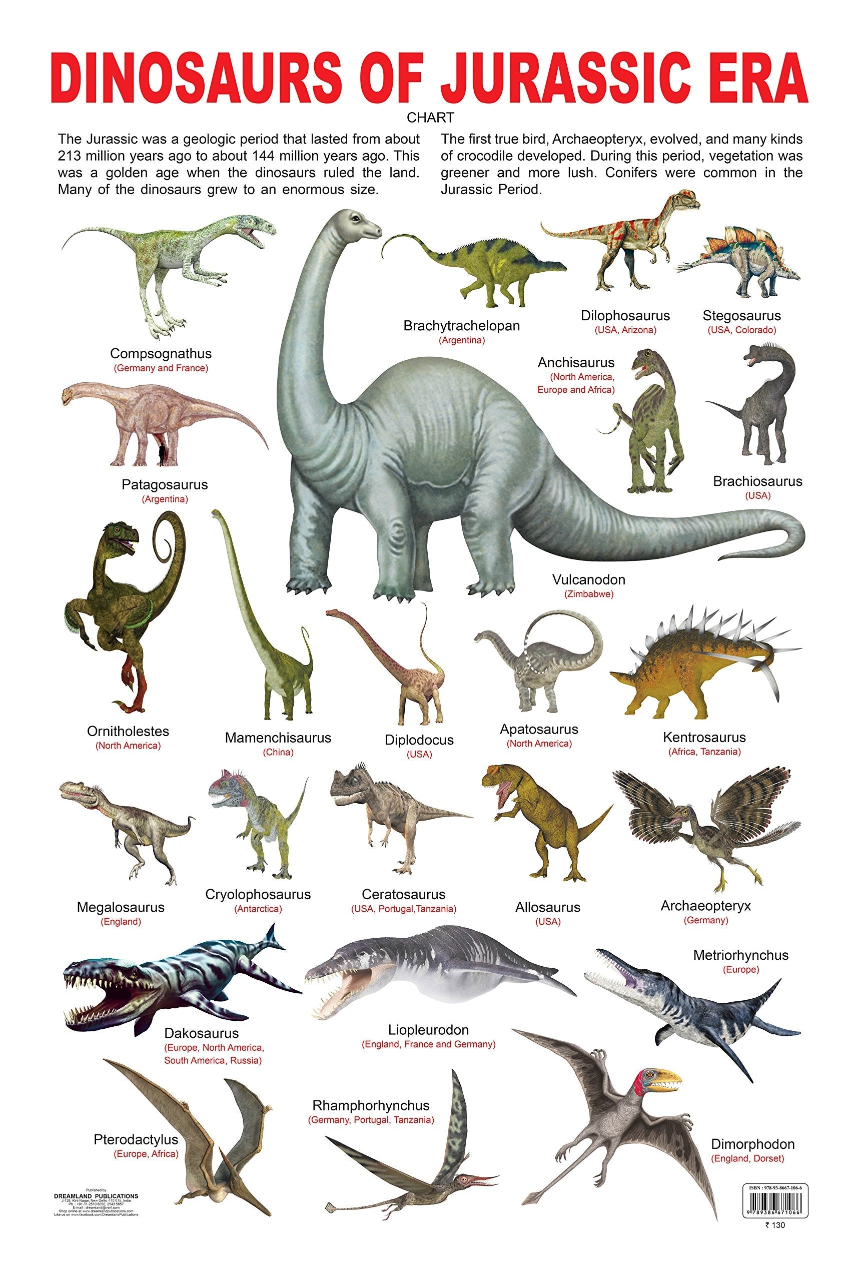 Dreamland Publications Educational Chart for Kids - Dinosaurs of Jurassic Era - Mytrendzcart