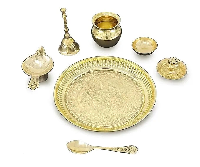 BENGALEN Brass Pooja Thali Set 6 Inch Puja Thali with Pital Plate Kalash Spoon Chandan Wati Dhup Dan Diya Ghanti Arti Thali for Diwali Home Office Mandir Wedding Return Gift Items - Mytrendzcart