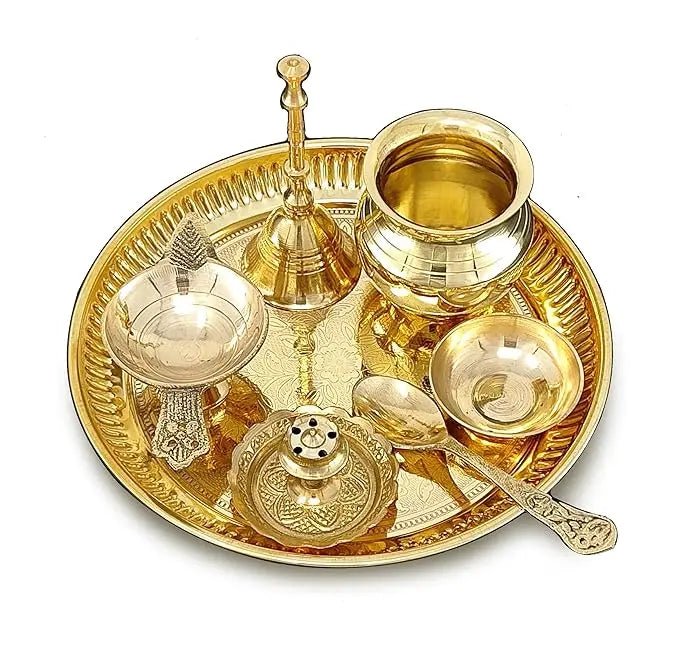 BENGALEN Brass Pooja Thali Set 6 Inch Puja Thali with Pital Plate Kalash Spoon Chandan Wati Dhup Dan Diya Ghanti Arti Thali for Diwali Home Office Mandir Wedding Return Gift Items - Mytrendzcart