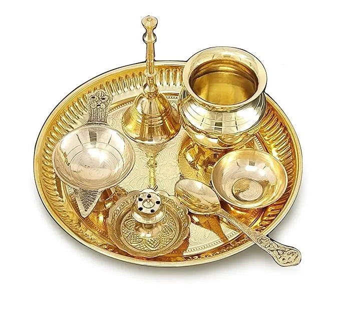BENGALEN Brass Pooja Thali Set 6 Inch Puja Thali with Pital Plate Kalash Spoon Chandan Wati Dhup Dan Diya Ghanti Arti Thali for Diwali Home Office Mandir Wedding Return Gift Items - Mytrendzcart