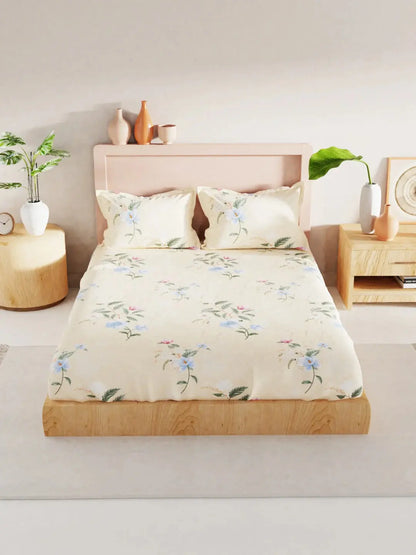 BIANCA Yellow & Blue Floral 186 TC King Bedsheet with 2 Pillow Covers -Double King - Mytrendzcart