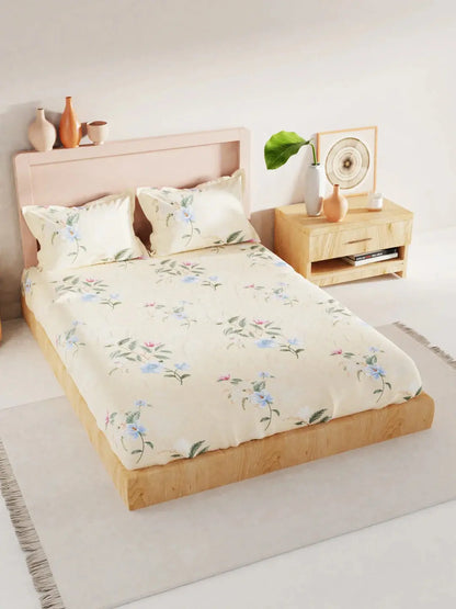 BIANCA Yellow & Blue Floral 186 TC King Bedsheet with 2 Pillow Covers -Double King - Mytrendzcart