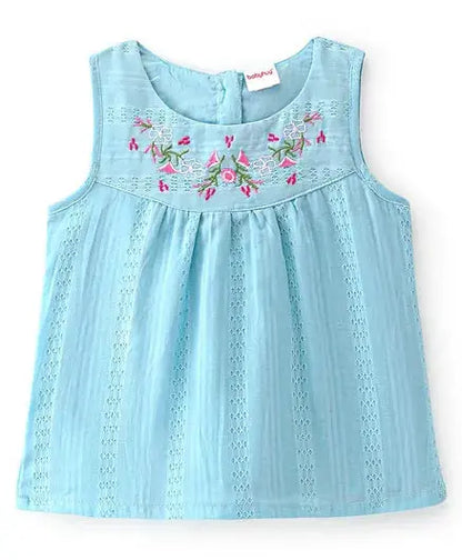 Babyhug Cotton Woven Sleeveless Top with Floral Embroidery - Light Blue - Mytrendzcart