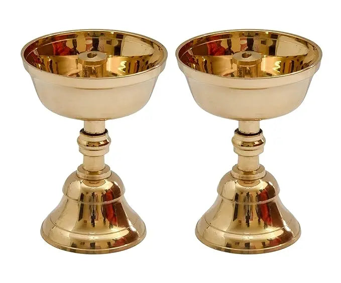 Bhimonee Decor Pure Brass Akhand Jyothi | Pyali Stand | Nanda Table Diya, 3.2 inches Big, Brass, Pack of 2 pcs - Mytrendzcart