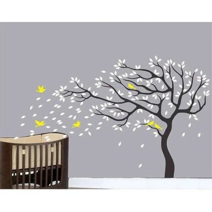 Big Beautiful Black Tree White Leaves Yellow Birds - Mytrendzcart