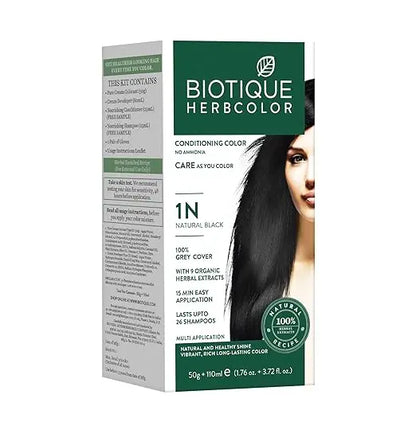 Biotique Herbcolor Conditioning Hair Colour l Ammonia Free Hair Color l 9 Organic Herbal Extracts l Natural and Healthy Shine l 50g + 110ml| Natural Black 1N (Pack of 1) - Mytrendzcart