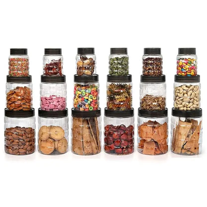 CELLO Checkers Pet Plastic Airtight Canister Set | Food grade and BPA free canisters | Air tight seal & Stackable Transparent | 300ml x 6, 650ml x 6, 1200 x 6, Set of 18 - Mytrendzcart