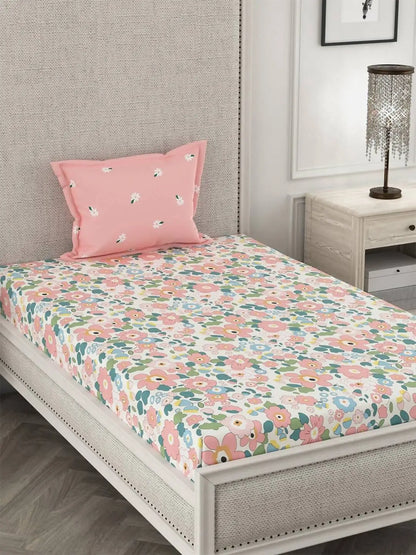 CHHAVI INDIA Pink & Blue Floral 210 TC Bedsheet with Pillow Covers -Double Queen - Mytrendzcart