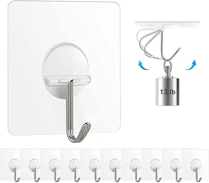 Chillyfit Wall Hooks for Hanging Strong, 10 Pack Adhesive Hooks for Wall Heavy Duty, Wall hangings, Kitchen Accessories Items, Clothes Hanging, Stainless Steel, Transparent - Mytrendzcart