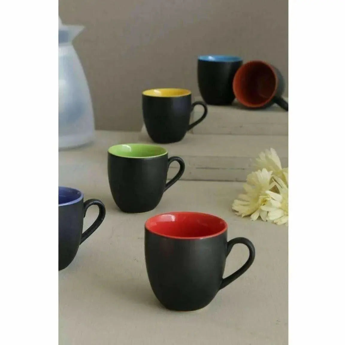 Black Mat Multicolour Tea/Coffee Cups, 180 Ml, Set of 6 Pieces. - Mytrendzcart