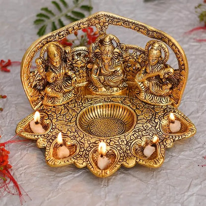 Collectible India Laxmi Ganesh Saraswati Idol Diya Oil Lamp Deepak - Metal Lakshmi Ganesha Showpiece Statue - Traditional Diya for Diwali Puja - Diwali Home Decoration Items Gifts (1) (1) - Mytrendzcart