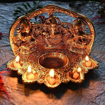 Collectible India Laxmi Ganesh Saraswati Idol Diya Oil Lamp Deepak - Metal Lakshmi Ganesha Showpiece Statue - Traditional Diya for Diwali Puja - Diwali Home Decoration Items Gifts (1) (1) - Mytrendzcart