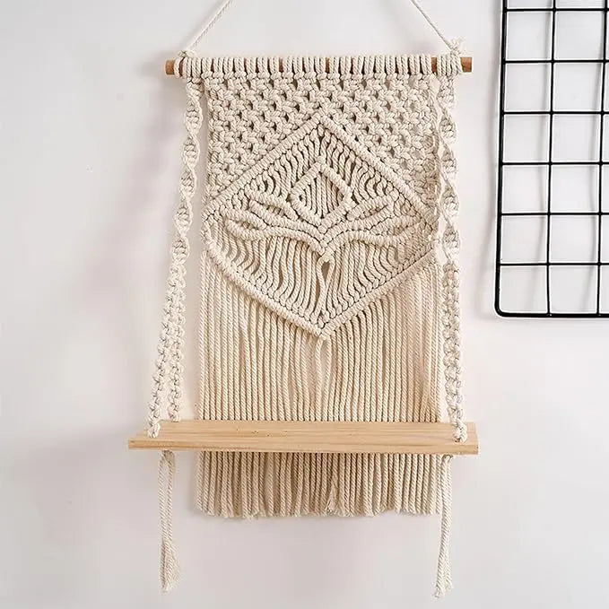 Decazone Macrame Indoor Wall Hanging Shelf Chic Decor Wood Floating Boho Shelves with Wooden Dowel Hand Woven Bohemian Decor for Apartment Dorm Bedroom Living Room Nursery Beige 60 x 30cm - Mytrendzcart