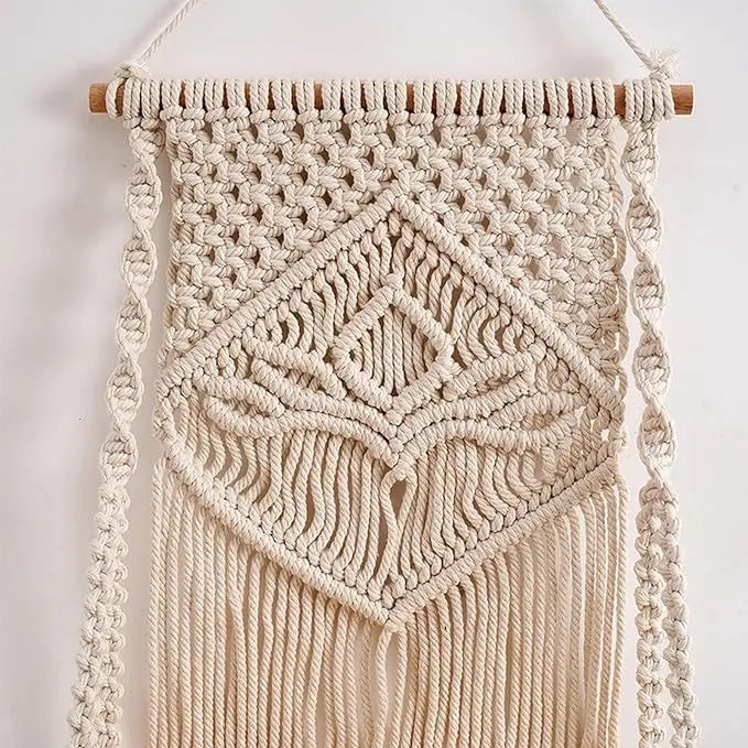 Decazone Macrame Indoor Wall Hanging Shelf Chic Decor Wood Floating Boho Shelves with Wooden Dowel Hand Woven Bohemian Decor for Apartment Dorm Bedroom Living Room Nursery Beige 60 x 30cm - Mytrendzcart