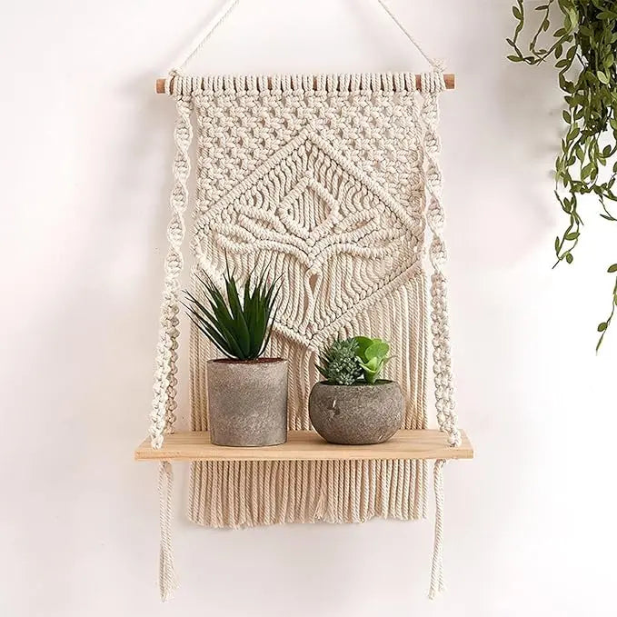 Decazone Macrame Indoor Wall Hanging Shelf Chic Decor Wood Floating Boho Shelves with Wooden Dowel Hand Woven Bohemian Decor for Apartment Dorm Bedroom Living Room Nursery Beige 60 x 30cm - Mytrendzcart