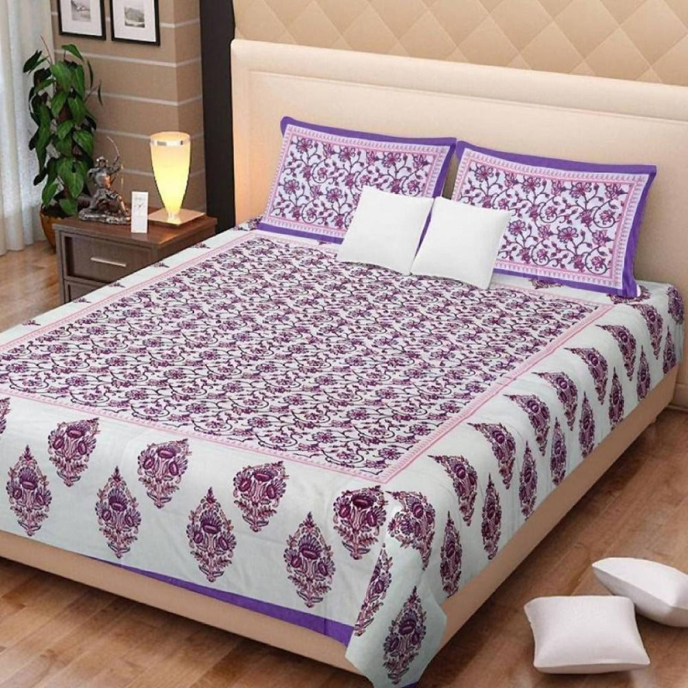 Vamika Printed Cotton White & Purple Bedsheet With Pillow Covers (LEOC_GMLA_PR) - Mytrendzcart