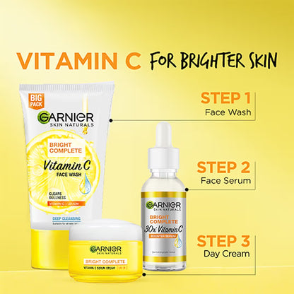 Garnier Skin Naturals Bright Complete Vitamin C facewash bottle, daily cleanser for brighter, glowing skin, 150g pack of 2.