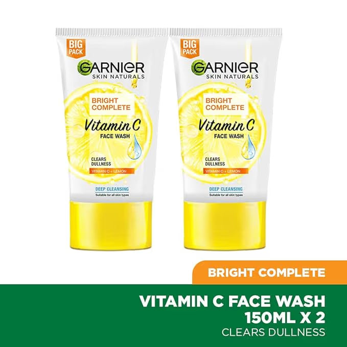 Garnier Skin Naturals Bright Complete Vitamin C Facewash, For Brighter and Glowing Skin - Daily Cleanser Suitable For all Skin Types, 150g (Pack of 2)