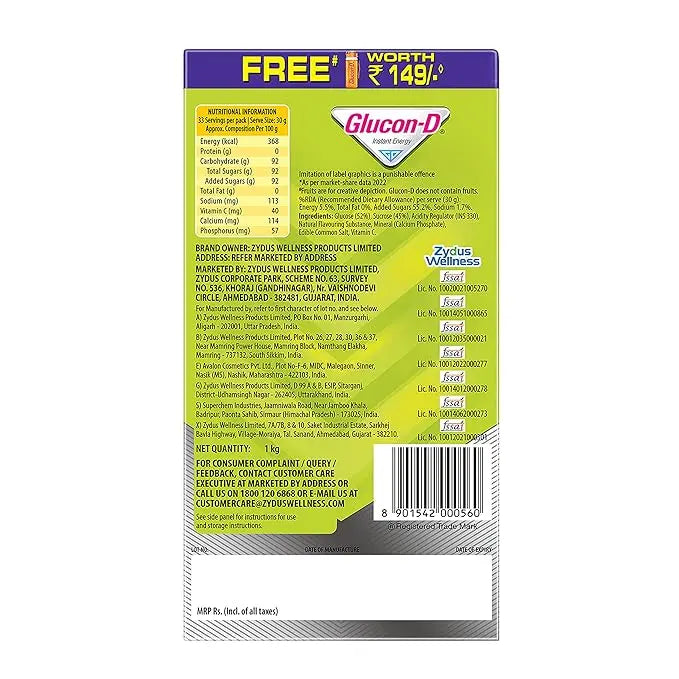 Glucon-D Nimbu Pani Glucose Powder With Free Sipper(1Kg)| For Tasty & Healthy Tangy Flavoured Glucose Drink| Provides Instant Energy| Vitamin C Supports Immunity| Contains Calcium For Bone Health - Mytrendzcart