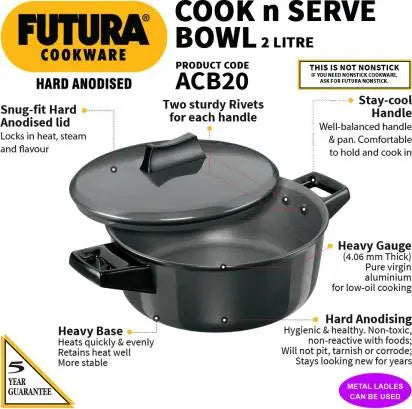 Hawkins Futura Hard Anodised Cook-n-Serve Bowl Handi 2 L with Lid (ACB20) - Mytrendzcart