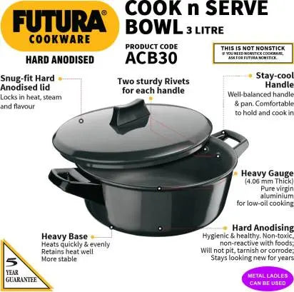 Hawkins Futura Hard Anodised Cook n Serve Bowl Handi 3 L with Lid (ACB30) - Mytrendzcart