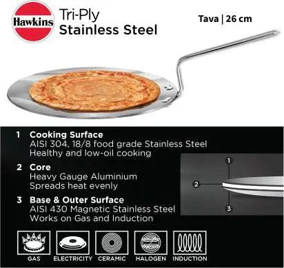 Hawkins TriPly Tawa 26 cm Diameter (Stainless Steel, Induction Bottom) - Mytrendzcart