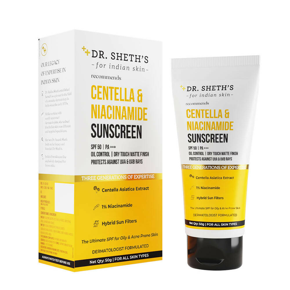 Dr. Sheth's Centella & Niacinamide Sunscreen SPF 50 PA+++ For Oily & Acne-Prone Skin Protects Against Uva & Uvb Rays - Mytrendzcart