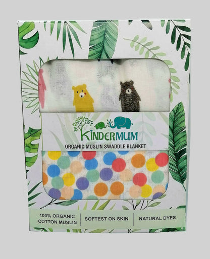 Kindermum Organic Cotton Muslin Swaddle Blanket 110 Cm X 110 Cm - Set Of 2 - Colorful Polka And Bear -Large (0-12 Month) - Set of 2 Mytrendzcart