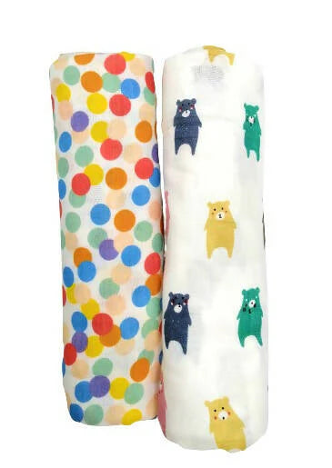 Kindermum Organic Cotton Muslin Swaddle Blanket 110 Cm X 110 Cm - Set Of 2 - Colorful Polka And Bear -Large (0-12 Month) - Set of 2 Mytrendzcart