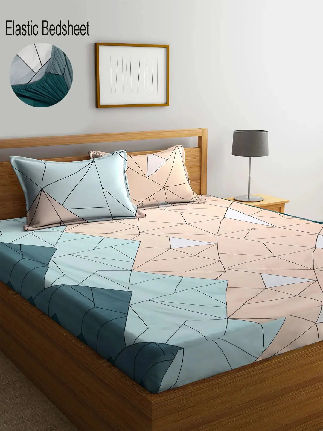 KLOTTHE Blue & Pink Geometric 300 TC King Fitted Bedsheet With 2 Pillow Covers -Double King - Mytrendzcart