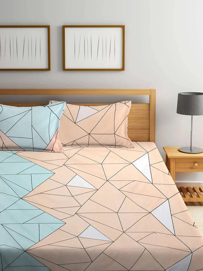 KLOTTHE Blue & Pink Geometric 300 TC King Fitted Bedsheet With 2 Pillow Covers -Double King - Mytrendzcart