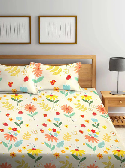 KLOTTHE White & Yellow Printed 300 TC Double King Fitted Bedsheet With 2 Pillow Covers -Double King - Mytrendzcart