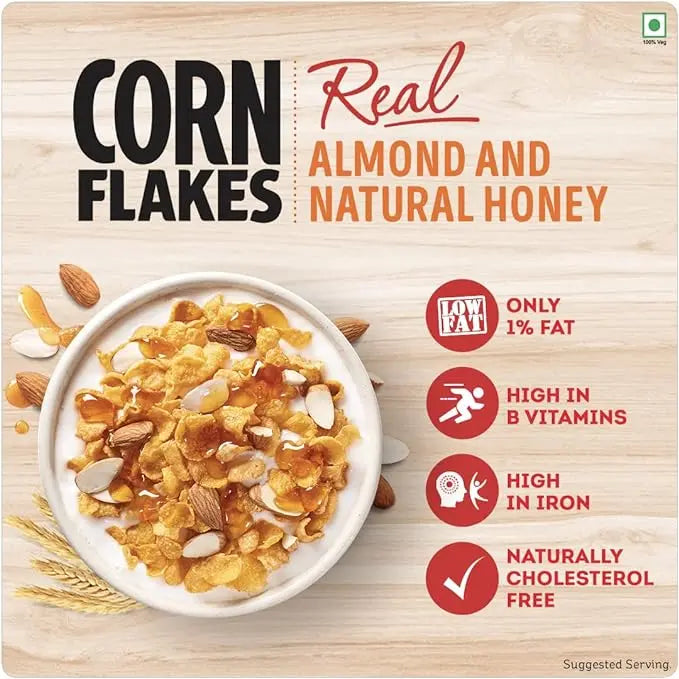 Kellogg's Corn Flakes Real Almond Honey 300g+45g EXTRA | High in Iron, Vitamin B1, B2, B3, B6 & C | Naturally Cholesterol Free | Corn Flakes, Breakfast Cereal - Mytrendzcart