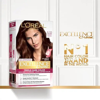 L'Oreal Paris Hair Colour, Radiant At-Home Hair Colour with up to 100% Grey Coverage, Excellence Creme, 5.32 Caramel Brown, 72ml+100g - Mytrendzcart