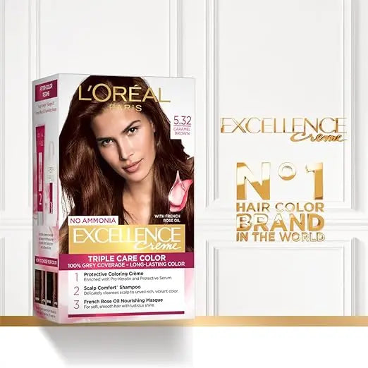 L'Oreal Paris Hair Colour, Radiant At-Home Hair Colour with up to 100% Grey Coverage, Excellence Creme, 5.32 Caramel Brown, 72ml+100g - Mytrendzcart